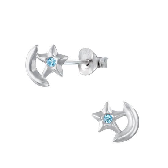 Joy|S - Zilveren ster oorbellen - 8 x 7 - ster op de maan - kristal blauw