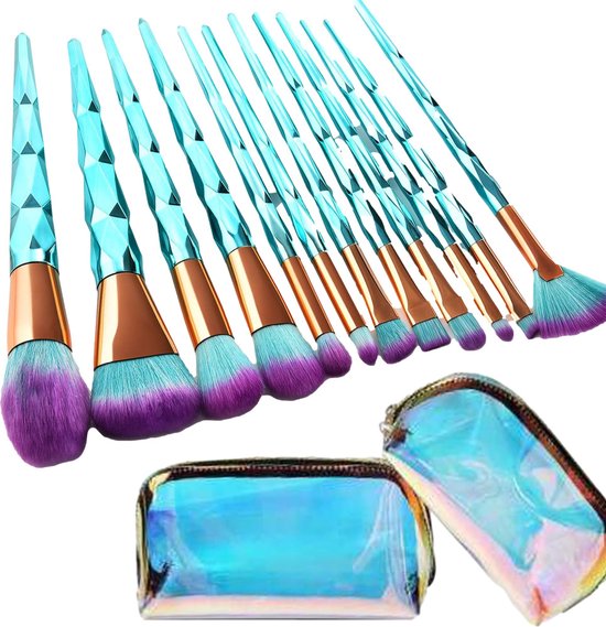 Make Up Kwasten Set - Blauwe Make Up Brush - Oogschaduw - Foundation Kwast - Poeder Kwast - Brush - Make up - Cosmetica - Kwasten Set – Make Up Tasje - 12 Stuks