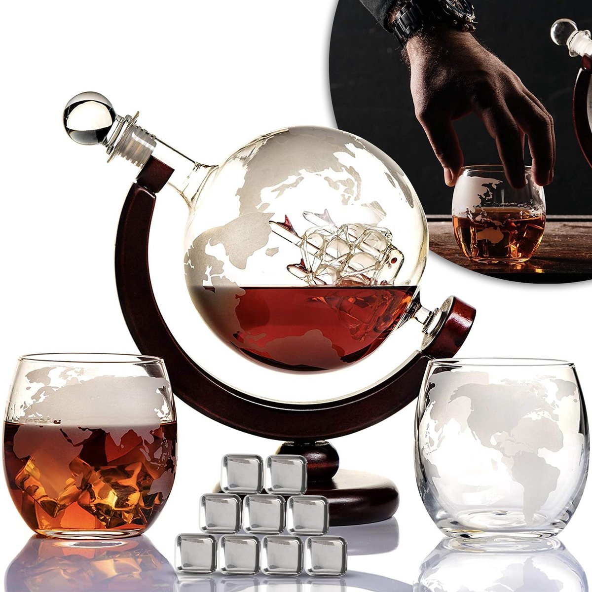 Gologi - Whiskey Karaf - Wereldbol - Luxe Whisky Karaf Set - 0,8 L - Decanteer karaf - Incl. 9 Whiskey Stones & 2 Whiskey Glazen