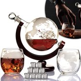 Whiskey Karaf - Wereldbol - Luxe Whisky Karaf Set - 0,8 L - Decanteer karaf  - Incl. 9 Whiskey Stones & 2 Whiskey Glazen