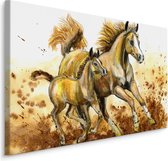 Schilderij - Veulen en merrie (print op canvas), bruin/beige, 4 maten, wanddecoratie