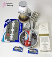 Guardian Beauty Scheerset complete (9 Dlelige) Zilver | Scheermesjes | Scheerkwast Met Houder | Scheerkom | Cadeau voor hem | Compleet Shaving Set In Hout & Metaal