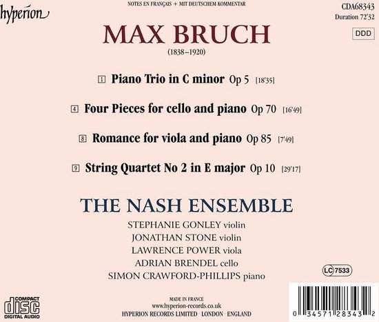 Albumhoes met titel "Max Bruch", "The Nash Ensemble" en tracklist. Met het Hyperion logo.