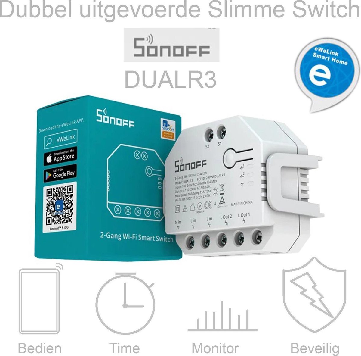Sonoff - Dual R3 - Smart Home - Ingebouwde Wi-Fi slimme dubbele relaisschakelaarmodule - Stroom & Voltage monitoren - Siri/Google spraakbesturing