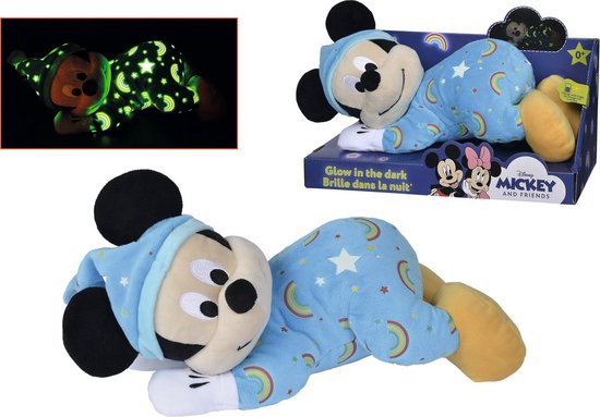 Disney - Mickey Mouse - Glow in the dark - Liggend Blauw - 30 cm - Knuffel