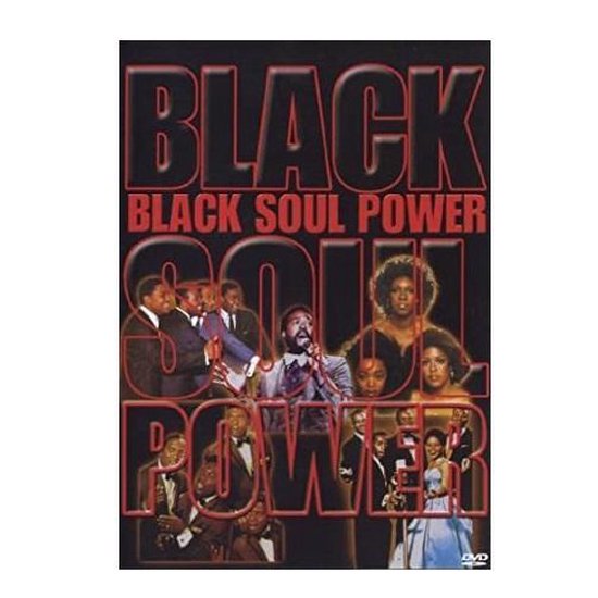 DVD-hoes "Black Soul Power" met een mozaïek van artiesten, mannen in pakken en vrouwen in avondjurken.