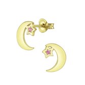 Joy|S - Zilveren maan oorbellen - ster roze kristal - 14k goudplating