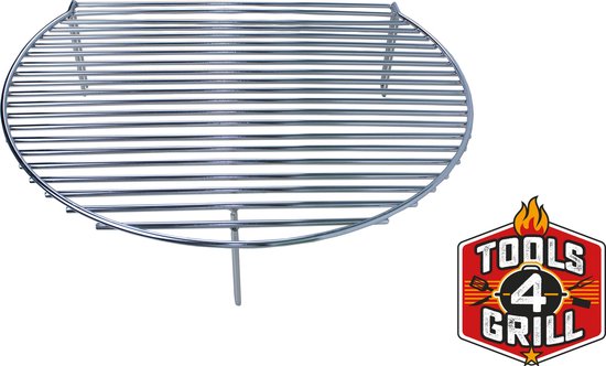 Rond chromen grillrooster met een diameter van 28,4 cm, met één poot, op zwarte achtergrond. Tools4Grill logo.