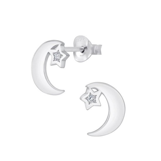 Joy|S - Zilveren maan oorbellen - ster zirkonia wit - 7 x 9 mm