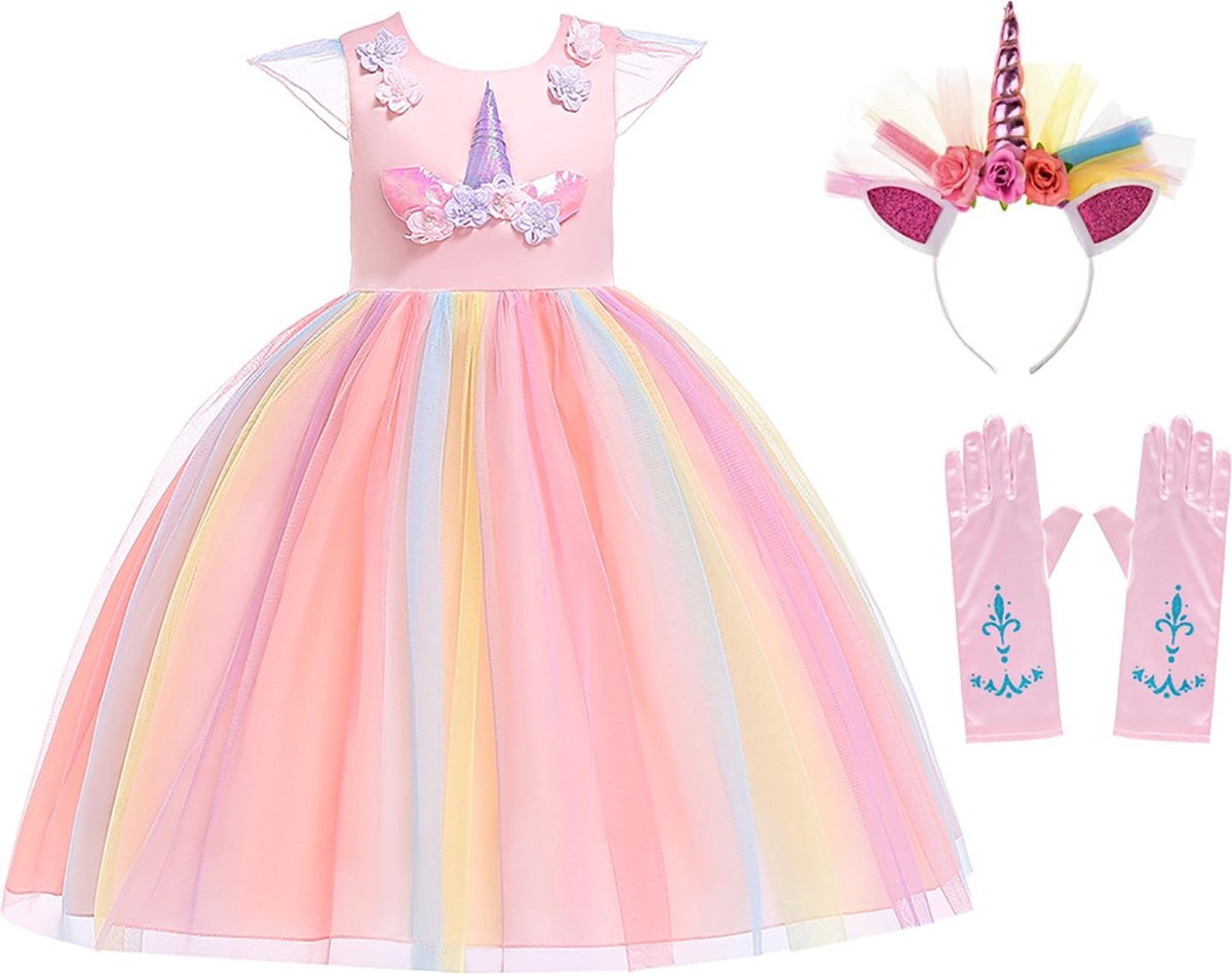 Unicorn prinsessenjurk - Prinsessenjurk meisje - Eenhoorn - Haarband - Het Betere Merk - maat 98/104 - Verkleedkleren Meisje - Roze - Prinsessenhandschoenen