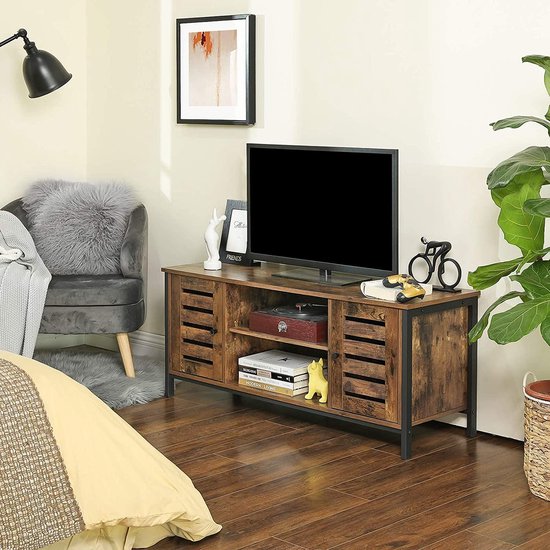Table TV VASAGLE, lowboard avec 2 armoires et 2 étagères, salon, portes persiennes, design industriel, vintage, marron foncé LTV43BX