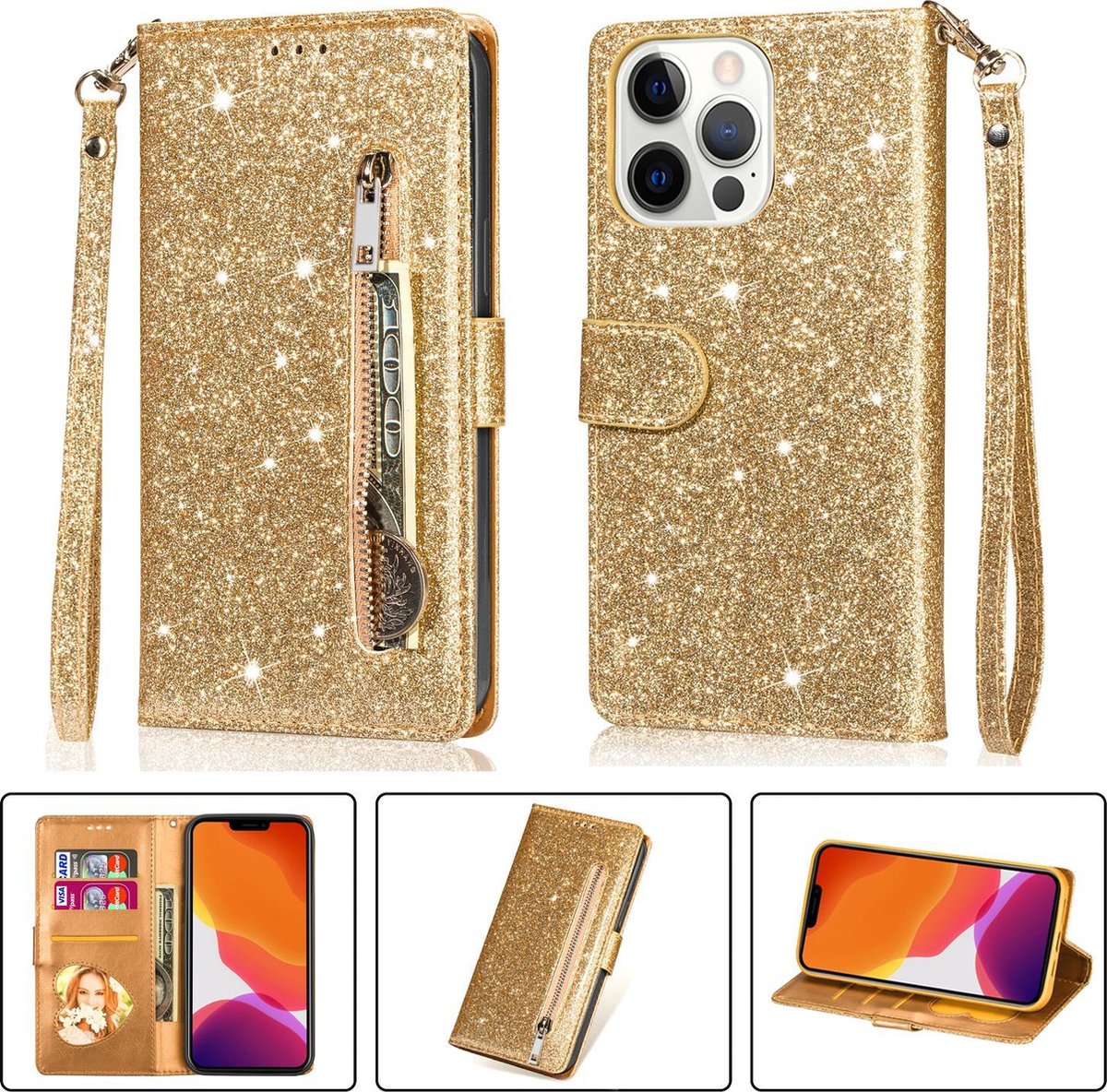 Glitter Bookcase voor Apple iPhone 13 | Hoogwaardig PU Leren Hoesje | Lederen Wallet Case | Telefoonhoesje | Pasjeshouder | Goud