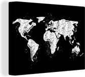 Wanddecoratie Wereldkaart - Marmer - Zwart - Wit - Canvas - 40x30 cm