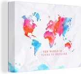 Wanddecoratie Wereldkaart - Spreuk - Motivatie - Reizen - Canvas - 160x120 cm