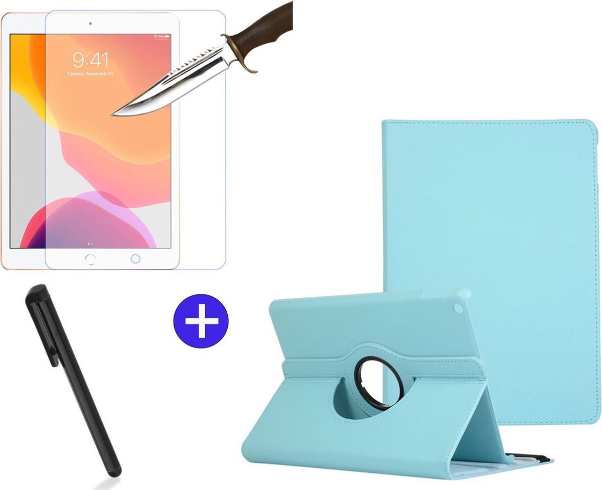 BixB iPad 10.2 (2019 / 2020 / 2021) - Draaibare Tablet hoes met Standaard + Screenprotector + Touch Pen - Draaihoes - Turquoise
