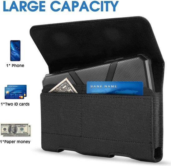 Étui de téléphone universel noir grande capacité pour téléphone, deux cartes d'identité et argent liquide. Fermeture par bande Velcro.