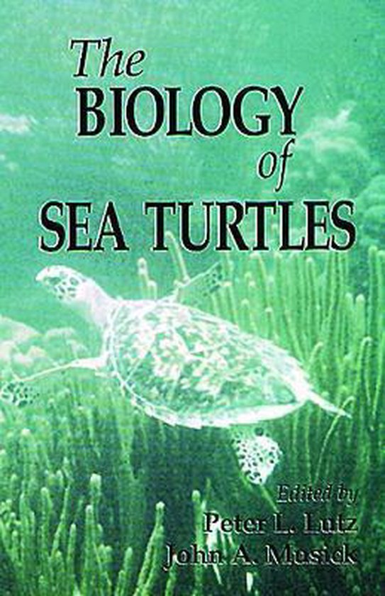 De kaft van het boek 'The Biology of Sea Turtles' toont een zeeschildpad die zwemt tussen zeegras. De titel staat in grote letters bovenaan.