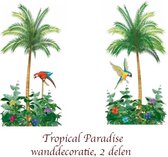 Tropical Paradise Wanddecoratie (2-delig) - Tropische muur, deur of raam decoratie voor tropical thema feest - 2-delig: palmboom met gele papegaai & palmboom met rode papegaai - tr