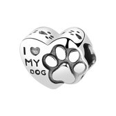 Tracelet - Zilveren bedels - Bedel hondenpootje - Hart met tekst - love my dog - 925 Sterling Zilver - Pandora compatible - Met 925 Zilver Certificaat | In Leuke cadeauverpakking -