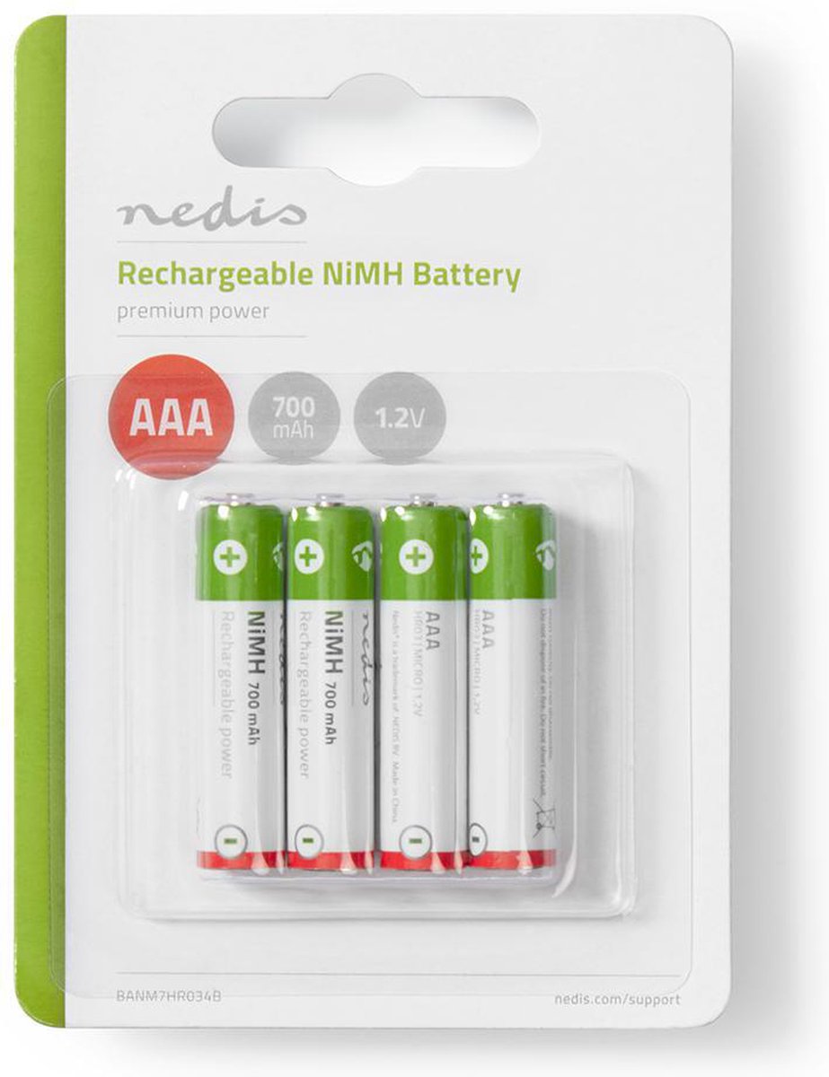 Nedis Oplaadbare NiMH-Batterij AAA | 1.2 V DC | 700 mAh | Voorgeladen | 4-Blister