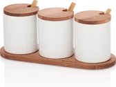 Joy Kitchen porseleinen bekers op houten plateau set van drie | servies bekers | houten deksels | beker met lepels en deksel | bekerhouder | voorraadpotten | serviesset | porselein