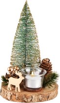 Tafelstukje rond met hert, theelichthouder en kerstboom - Groen / goud / creme - 14 x 14 x 21 cm hoog
