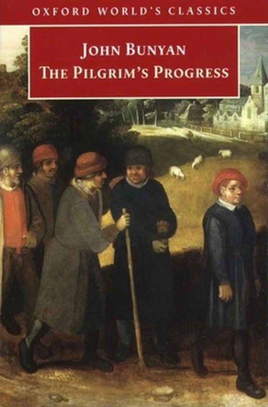 Boek 'The Pilgrim's Progress' van John Bunyan, met een schilderij van een groep pelgrims die over een heuvel loopt.