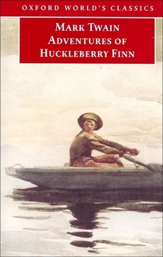 Boek kaft met de titel 'Adventures of Huckleberry Finn' door Mark Twain, met een schilderij van een jongen in een roeiboot.