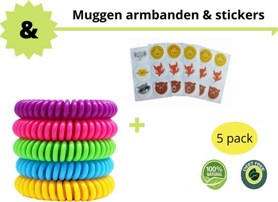 Daily Essentialz Anti Muggen Armband - Anti Muggen Stickers - Anti Muggen - Muggenbandje - Muggenvanger - Geen Muggenspray - 5 Armbanden - 6 Stickers