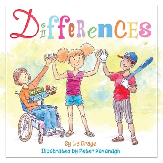 Boek 'Differences' met illustratie van drie kinderen: een meisje in een rolstoel met een waterpistool, een meisje met staartjes en een jongen met honkbalknuppel.
