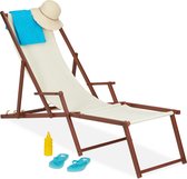 Relaxdays strandstoel hout - voetensteun - relaxstoel - tuinstoel - ligstoel verstelbaar - beige