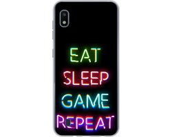 Telefoonhoesje Geschikt voor Samsung Galaxy A10 hoesje - Gaming - Led - Quote - Eat sleep game repeat - Gamen - Siliconen Telefoonhoesje Telefoonhoesje