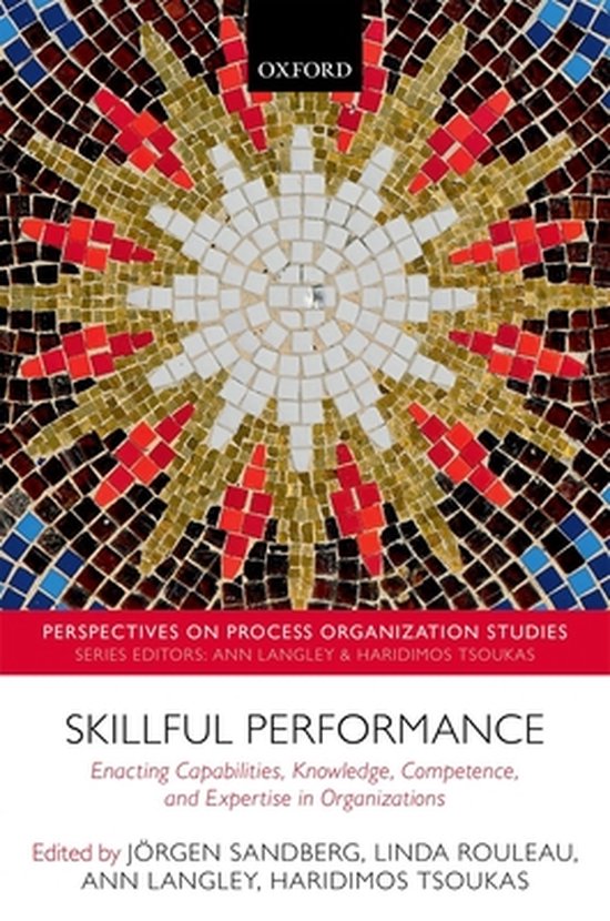 Boek met op de kaft een mozaïek van rode, witte en gouden tegels in een zonmotief. Titel: Skillful Performance.