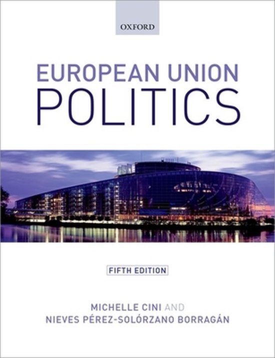 Couverture du livre "European Union Politics", cinquième édition, avec une image du Parlement européen à Strasbourg.