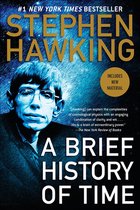 Boek "A Brief History of Time" van Stephen Hawking, #1 New York Times bestseller, met foto van Hawking.