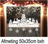 Kerst tafereel raam sticker Sneeuwvlokken - Town - 25 December  - Feest - Christmas - Decoratief - Huisjes - Kerstman - Kerstboom - Statische Herbruikbaar Wit  50x35cm