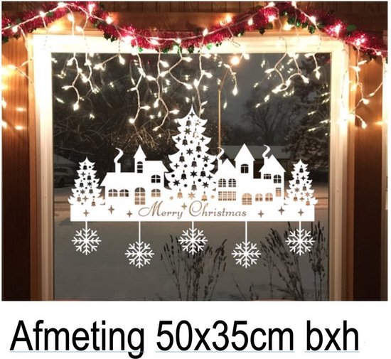 Sticker Fenêtre Scène de Noël Flocons de Neige - Ville - 25 décembre - Fête - Noël - Déco - Maisons - Père Noël - Sapin de Noël - Statique Réutilisable Wit 50x35cm