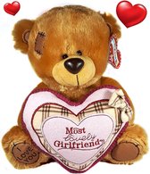 Bruine Teddybeer met roze hart ''Most Lovely Girlfriend'' 32 cm| knuffelbeer pluche knuffel love beer | Ik Hou Van Jou / I Love You bear | Beertje met hart liefde | Baby plush beer met hartje