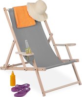Relaxdays strandstoel inklapbaar - ligstoel hout - campingstoel verstelbaar - leuning - grijs