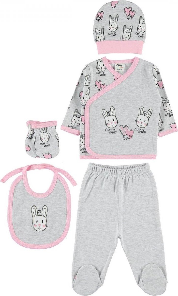 Baby newborn 5-delige kleding set meisjes - Newborn set - Cury Rabbit Babykleding - Babyshower cadeau - Kraamcadeau - Civil