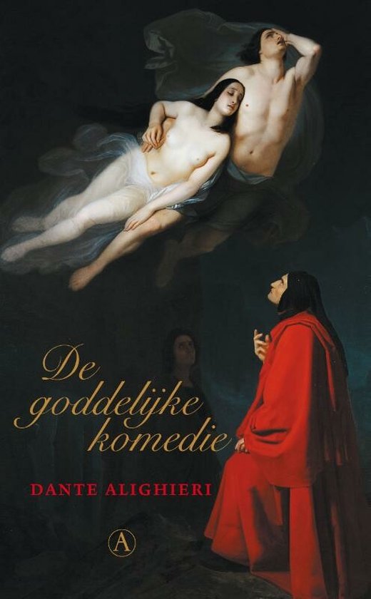 Boekomslag van 'De goddelijke komedie' met een schilderij van een man en vrouw die zweven, en een man in rood gewaad.
