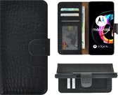 Hoesje Motorola Moto Edge 20 Lite - Bookcase - Portemonnee Hoes Echt leer Wallet case Croco Zwart