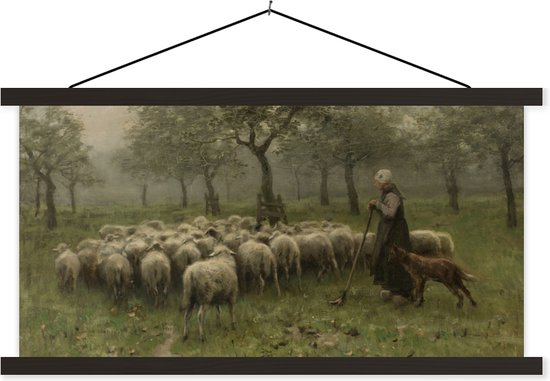 Posterhanger incl. Poster - Schoolplaat - Herderin met kudde schapen - Schilderij van Anton Mauve - 90x45 cm - Zwarte latten