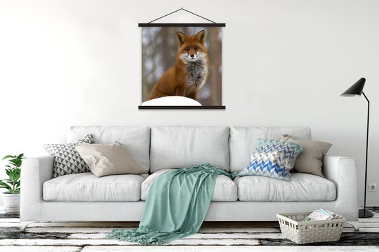 Posterhanger incl. Poster 90x90 cm - Schoolplaat - Vos - Bos - Rood - Textielposter - Zwarte latten