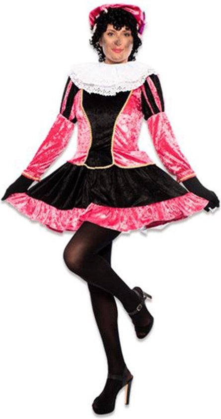 Pietenjurk dames, zwart met roze fluwelen jurk en witte kanten kraag. Roze baret met pompon.