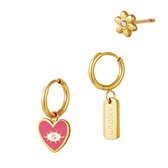 Trio oorbellen set Amour  – roestvrij staal – Pop Art – 2 x hoopoorbellen en 1 x steker – Feel Good Store – Goud | Roze