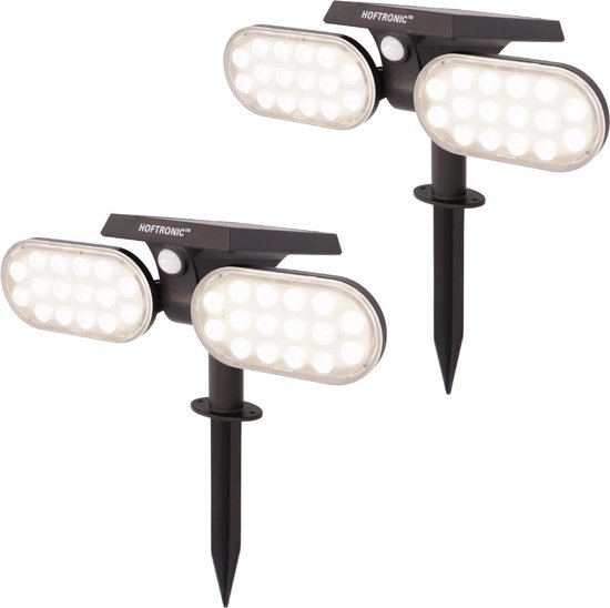 2x HOFTRONIC Pato - Solar tuinspot met bewegingssensor - Monokristal zonnepaneel - 6000K Daglicht wit - IP65 Waterdicht - Tuinverlichting op Zonne-energie - Wandspot en prikspot