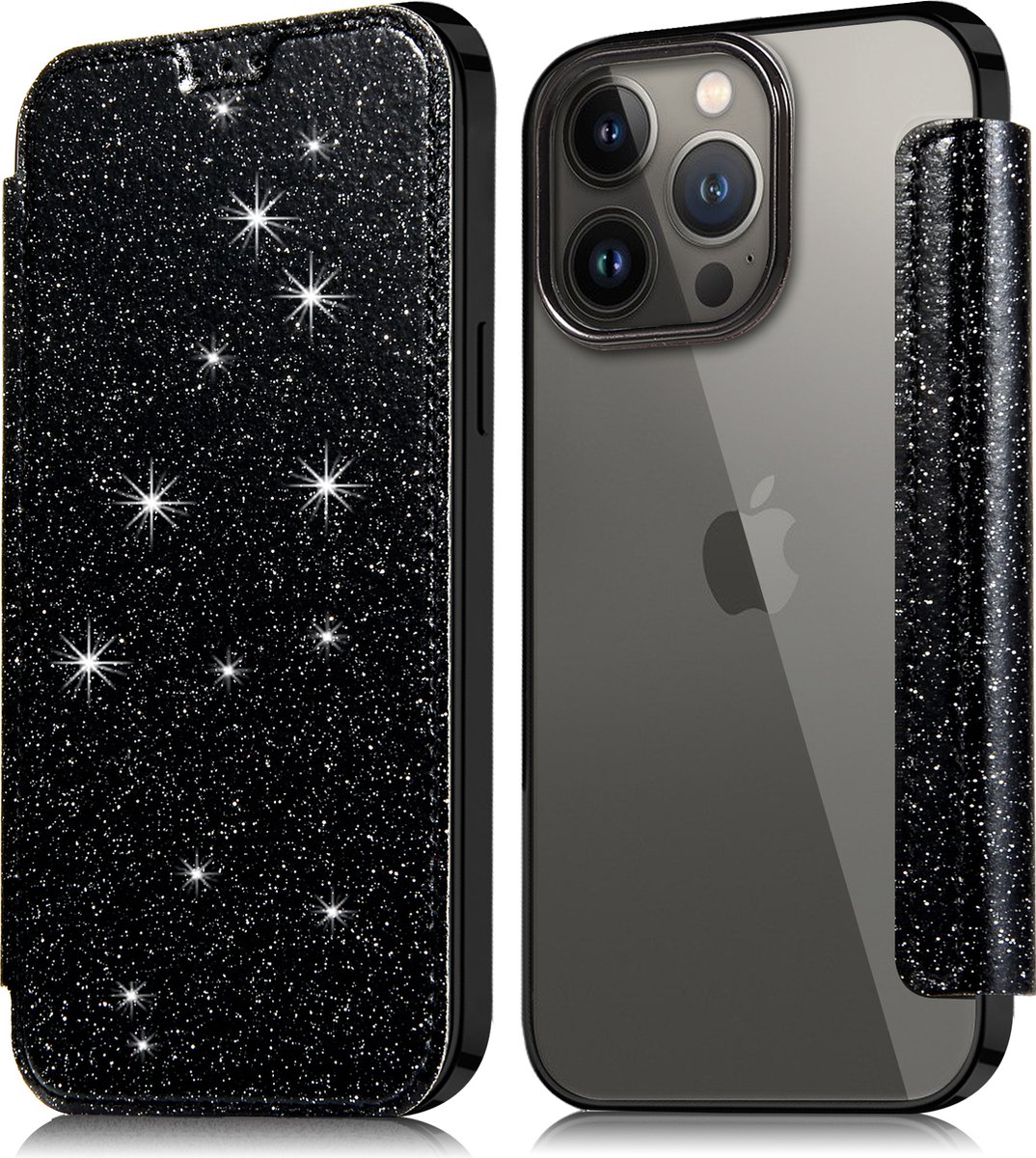 Geschikt voor Apple iPhone 13 Pro Flip hoesje - Zwart - Folio Glitter