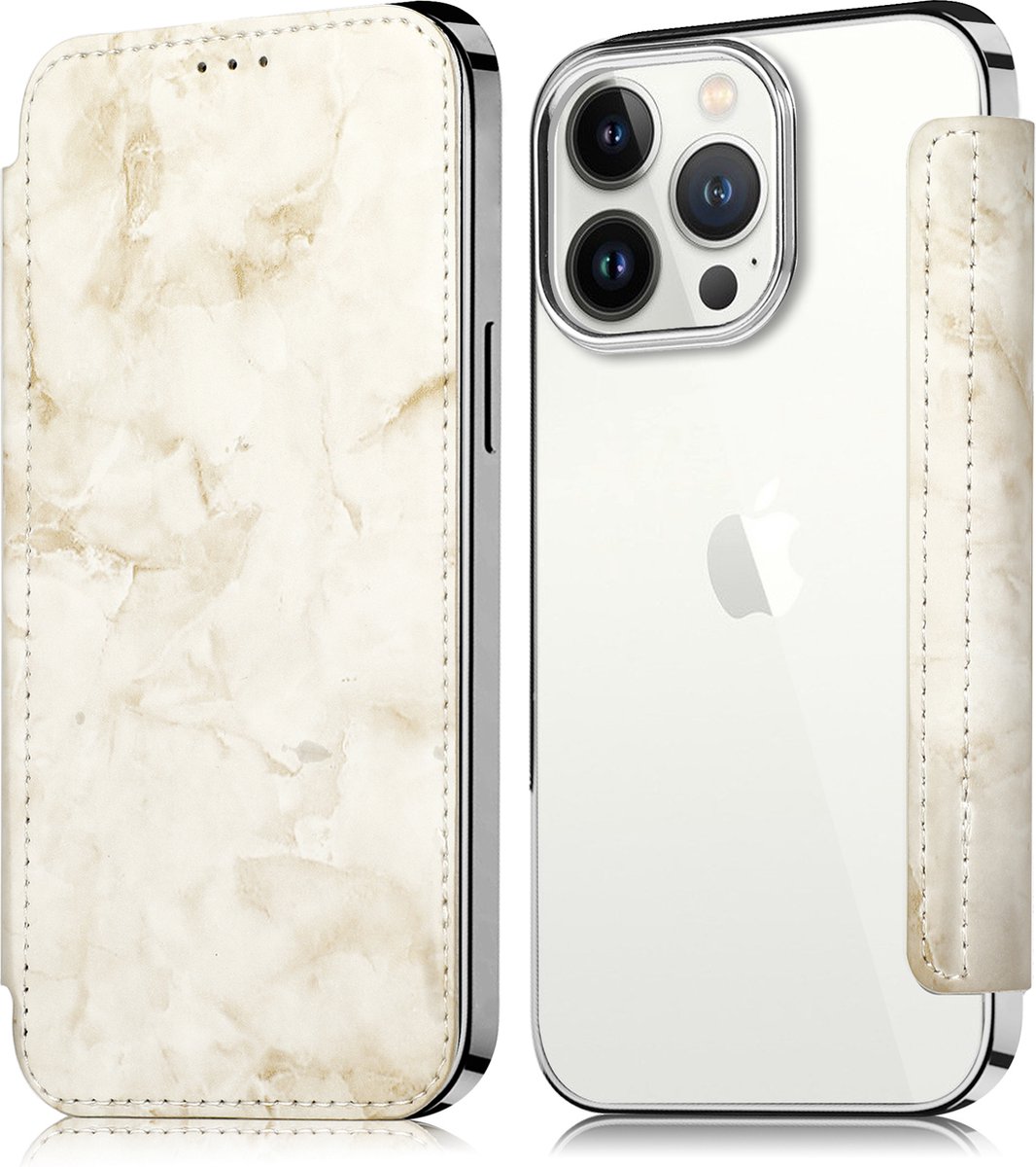 Geschikt voor Apple iPhone 13 Pro Flip hoesje - Zilver - Folio Marmer