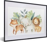 Affiche avec cadre Jungle - Eléphant - Renard - Lion - 40x30 cm